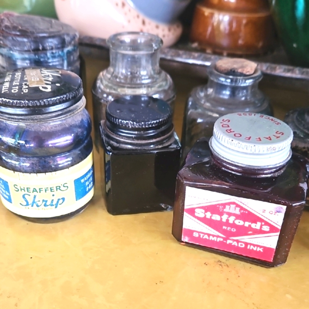 Antique Ink Bottles Lot Of 9 Stafford Carters Sheaffers Glass Vintage Collection